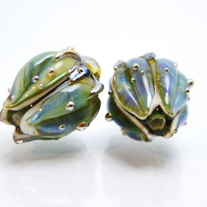 Flower artisan lampwork bead green blue bud handmade glass jewelry making set glass bell  Leaf Beads bracelet necklace pendant wedding