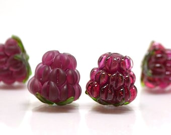 Dark fuchsia lampwork raspberry, Frost glass berry, Glass raspberries, Berry fruit beads, Pink Lampwork berries