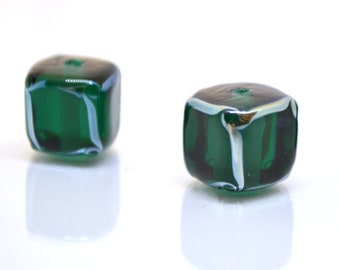 emerald glass beads handmade green cube beads lampwork cube bead geometric glass bead square lampwork bead art glass beads green silver bead