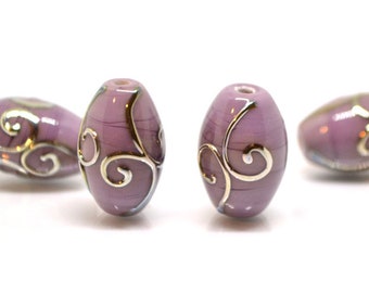 Purple glass lampwork oval beads with silver swirl texture lavender earrings beads, rhombus beads, oval glass beads, handmade glass beads