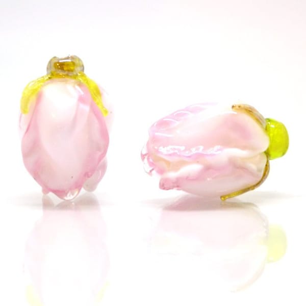 White pink flower lampwork bud beads, Handmade lampwork, Floral lampwork, Made to Order