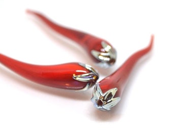 Red chili peppers, Lampwork chili beads, Red silver beads, Half-drilled beads, Vegetable beads, Farm beads