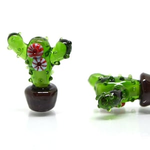 Glass cactus beads, Blooming cactus in a pot, Desert flower beads, Tequila beads, Artisan lampwork, Green flower beads