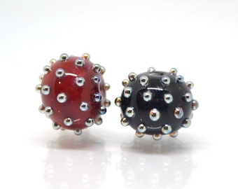 Red black handmade glass beads with silver dots, Artisan lampwork, Beads for bracelet, beads pimples