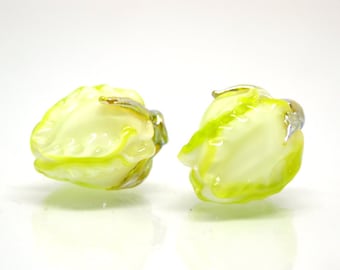 Light green glass beads, Lampwork floral beads, Salad green beads, White green glass beads, Beads for earrings, Artisan lampwork, bud beads