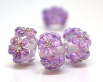 Lilac Floral Lampwork Bead, Handmade Rondelle Glass Bead (10x14 mm)