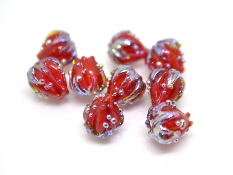 Bordeaux beads Small glass beads Deep red 7mm floral lampwork beads Half drilled beads Tiny glass beads Red and Silver flower beads