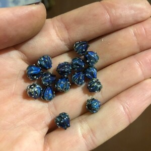 7mm Floral Glass Beads, Black, Blue and Silver, Mini Flower Bud Beads