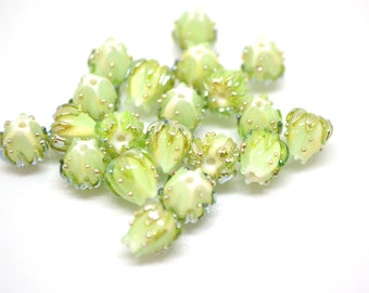 Mint green flower beads with gold leaves, Small glass beads, 7mm flower beads, Tiny lampwork beads