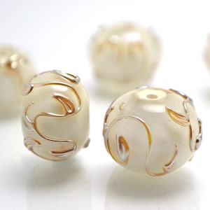 white pearl artisan lampwork bead handmade glass beads for wedding jewelry making set gold sprig twig leaf on white romantic tender earrings