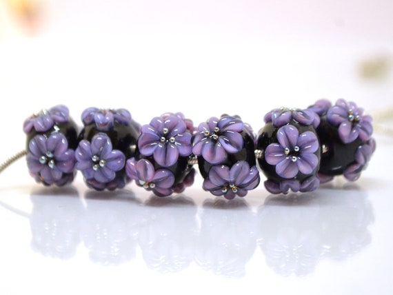 Transparent White Glass Flowers Silver Glass Flower Charms Glass Flower Beads Made to Order 9 Lampwork Glass Charms Bellflower Beads