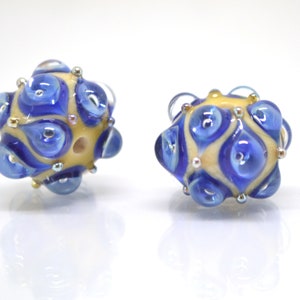 Blau beige handgemachte Glasperle, 10mm Glasperlen, Tiefblaue Lampwork, Artisan Lampwork, Perlen für Halsketten, Schmuckperlen