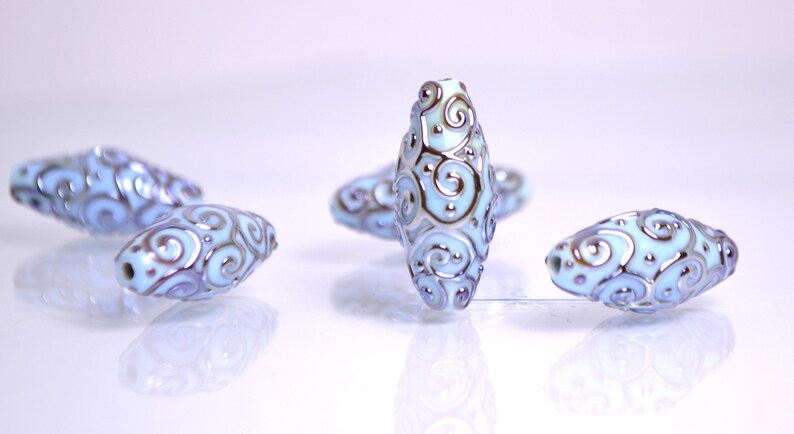 sky blue lampwork handmade bead oval swirl jewelry making artisan heavenly set silver mirror texture pendant curl rhombus wedding angelical image 8