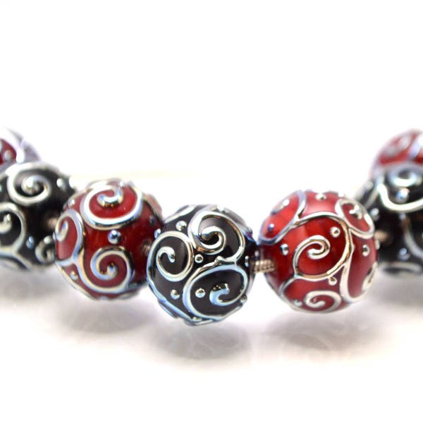 lampe rouge noir perle artisanale de perle de perle de lampade de lampade de perle faisant des bijoux ronds de boucle argentée de perle rouge et noir de perle de lampe de verre rouge et noir