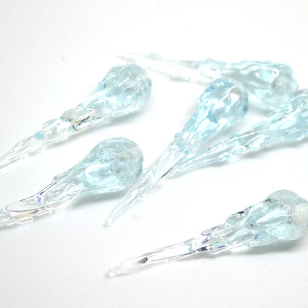 Blue Icicle Glass Beads, Frosted Glass beads, Snow Lampwork, Christmas Beads, Artisan lampwork, Glass Icicle Ornament, Sparkle icicle charm