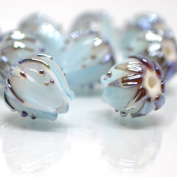 Pastel Blue Lampwork Flower Glass Beads, 10mm Floral Beads