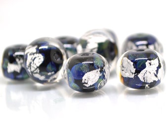 Black silver foil lampwork beads, Handmade glass beads, Artisan Lampwork, Art beads, rondelle beads