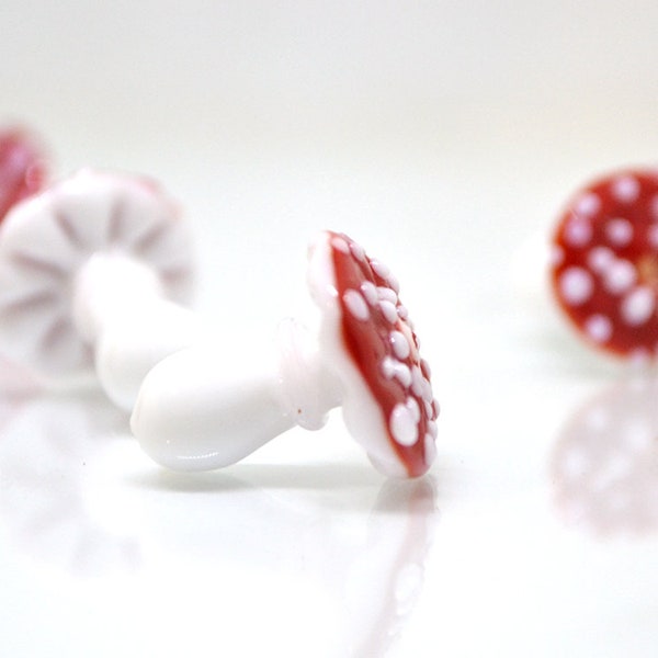 Handmade glass mushroom beads, Fly-agaric lampwork bead, Miniature Mushroom, Fall Decor, Glass Amanita bead, White mushroom beads, Forrest