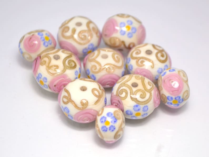 murano glass ivory lampwork ethnic beads jewelry making venetian italian handmade bead beige pink blue artisan lampwork round gold curles