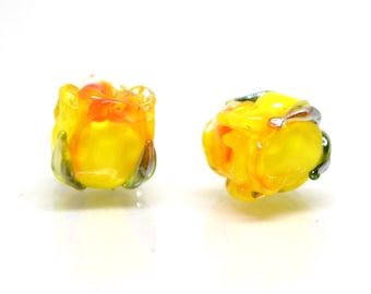 Yellow orange 8mm rosebud beads, Summer Floral lampwork, Rose beads, Colorful glass beads, Art Flower Beads, Murano Beads, Flower bud bead