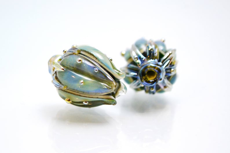 Flower artisan lampwork bead green blue bud handmade glass jewelry making set glass bell Leaf Beads bracelet necklace pendant wedding image 4