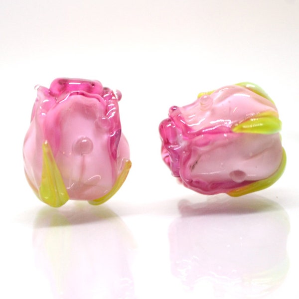 Bright Pink rosebud beads, Ombre glass beads, Gradient floral lampwork, Pink glass beads, Handmade glass beads, Lampwork pair beads