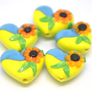 Yellow Blue Glass Heart, Lampwork Heart pendant, Heart with Sunflower, Ukraine symbol, Handmade lampwork, Stand with Ukraine