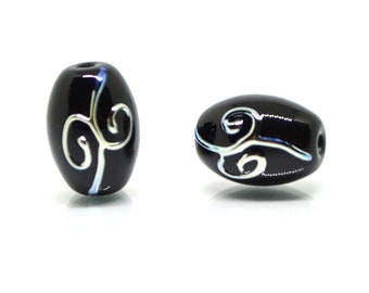 Black Lampwork Glass Beads with Silver Curl, Artisan Jewelry Supply