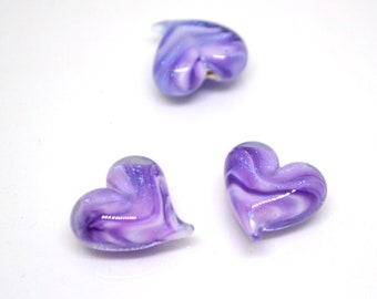 Purple sparkle heart beads, Lavender glass bead, Sparkling Lampwork Heart shape bead, Handmade Glass Heart charm beads, Half-drilled beads