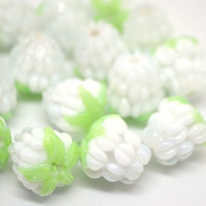 White lampwork raspberry, White glass berries, Berry jewelry making, Lampwork raspberries, Berry fruit beads, White Raspberry green leaf