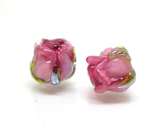 Pink wine 8mm rosebud beads, Pink Floral lampwork, Rose beads, Flower glass beads, Earrings Flower Beads, Murano Beads, Jewelry making