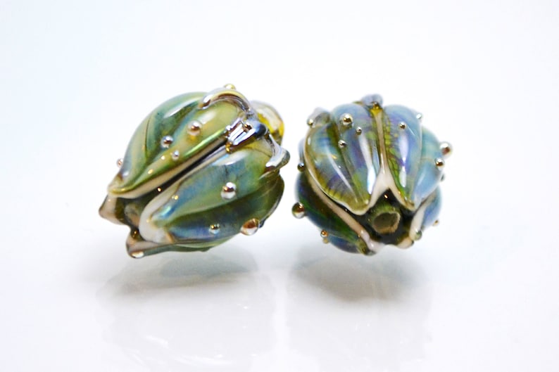 Flower artisan lampwork bead green blue bud handmade glass jewelry making set glass bell Leaf Beads bracelet necklace pendant wedding image 1