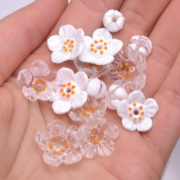 Handmade lampwork Beads Diphylleia Grayi Jewelry making Wedding set of beads Clear Floral beads Glass beads Artisan White and Clear Necklace