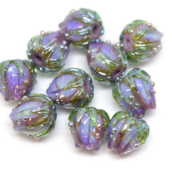 Purple lavender sparkling flower beads green leaves, stardust flower, 10mm flower beads, Glass flower beads Floral lampwork Artisan lampwork