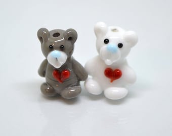 Lampwork bear beads, White glass bear, Gray glass bear, Miniature bear figurine, Valentine’s, animal beads, heart