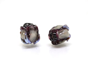 Gray Black Rosebud Lampwork Beads, Floral Glass Art (8mm)
