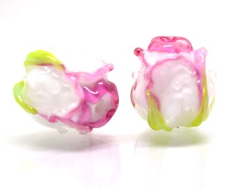 Amazing pink white rose bud beads, lampwork rosebud, Glass rose beads, Artisan lampwork, Floral Jewelry, Jewelry making, Flower lampwork