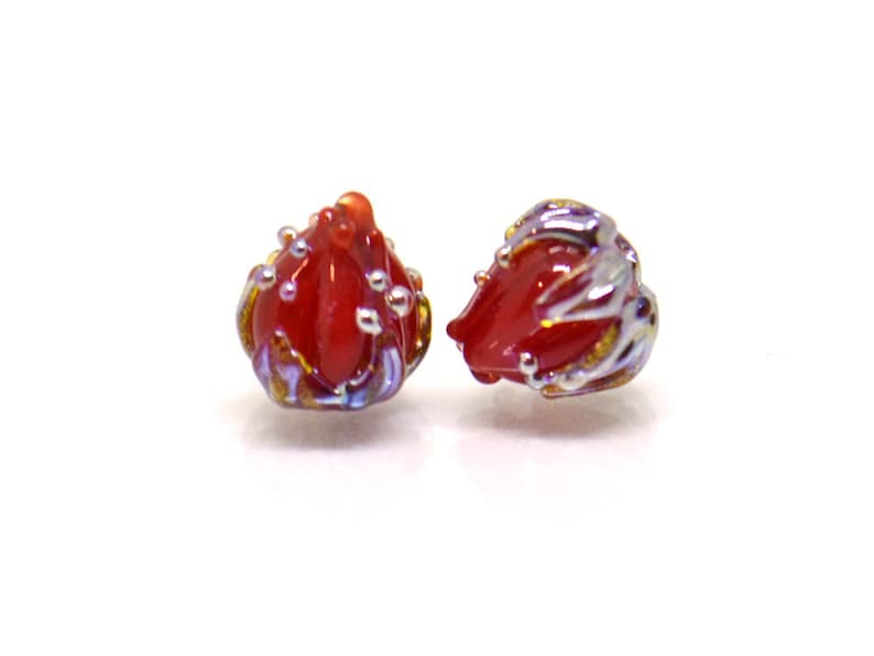 Bordeaux beads Small glass beads Deep red 7mm floral lampwork beads Half drilled beads Tiny glass beads Red and Silver flower beads