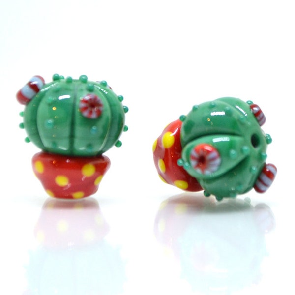 Lampwork red green cactus flower beads in red pot, Wilderness plants, Desert flower, Cactus flower pendant, Succulent beads,Artisan lampwork