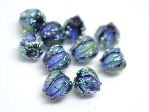 BeadsClubArt Fall Beads Green Glass Fancy Beads Green with Golden lines Beads Green Lampwork Beads 10 Green Beautiful Lampwork Beads