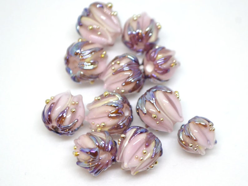 Pale Pink Glass Flower Beads Purple Leaves Gold Dew Artisan Etsy