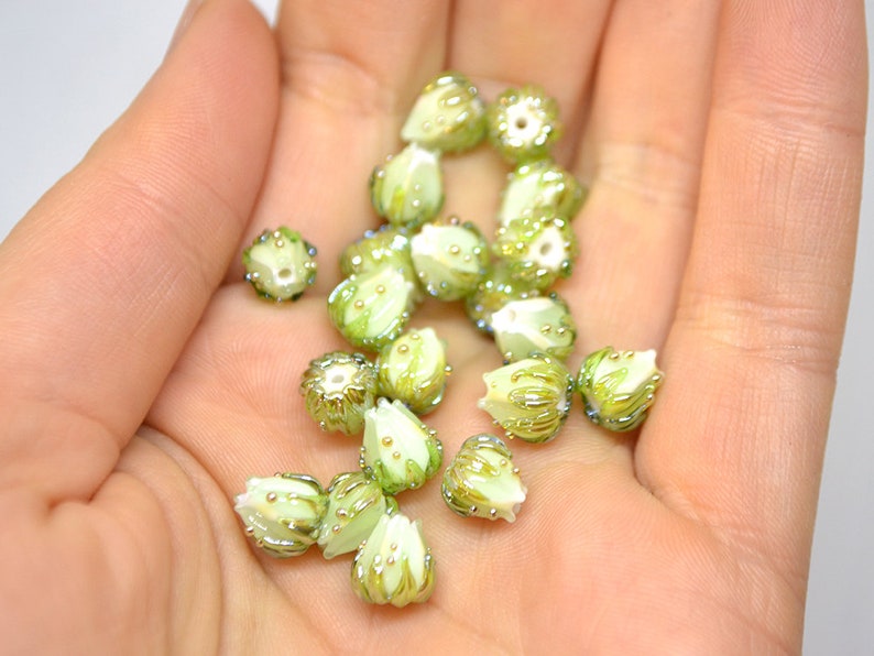 Mint Green Flower Beads With Gold Leaves Small Glass Beads Etsy