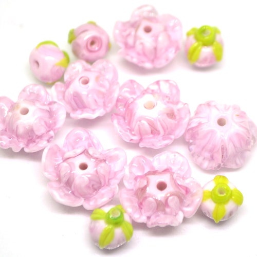 Pink Flower Lampwork Bead Tender Floral Glass Bud Artisan Etsy
