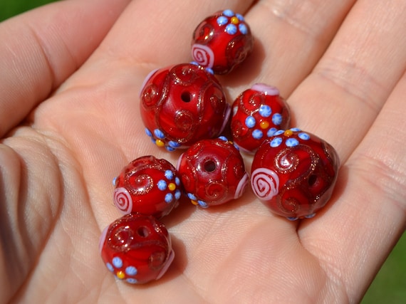 Murano Glass Red Beads With Blue Pink Flowers, Italian Glass Beads