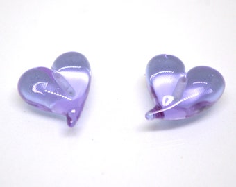 Lavender purple heart beads, Lampwork heart, Purple beads, Violet heart beads, Glass heart shape, Murano bead, Half-drilled beads