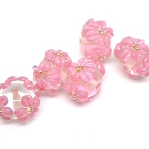 Pink Flower Beads, Clear Rondelle Beads With Flowers, Rondelle Lampwork ...