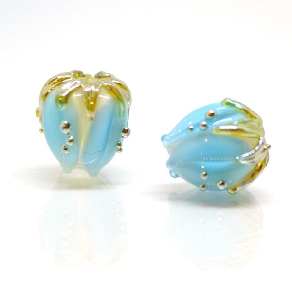Lampwork glass flower beads 10mm, Light aquamarine flower buds with green gold leaves, Handmade lampwork, blue glass beads, Something blue