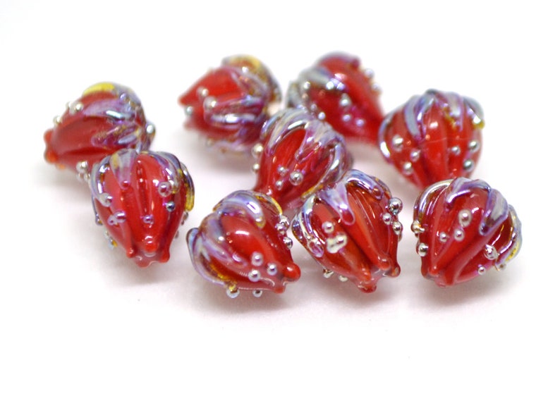 Bordeaux beads Small glass beads Deep red 7mm floral lampwork beads Half drilled beads Tiny glass beads Red and Silver flower beads