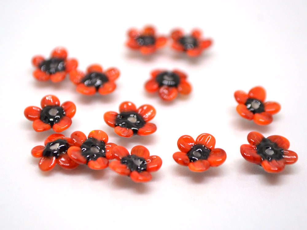 Red Poppy Glass Beads Very Small Red Flower Beads Red Black Etsy UK