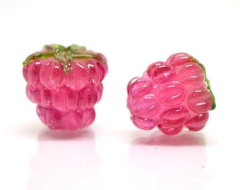 Bright pink lampwork raspberry, Frost glass berries, Lampwork raspberries, Berry fruit beads, Glass Raspberry